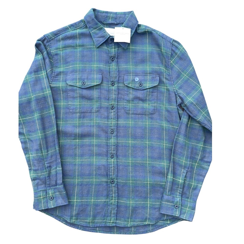 American Eagle Flannel Shirt Mens M Blue Green Plaid Super Soft NWT